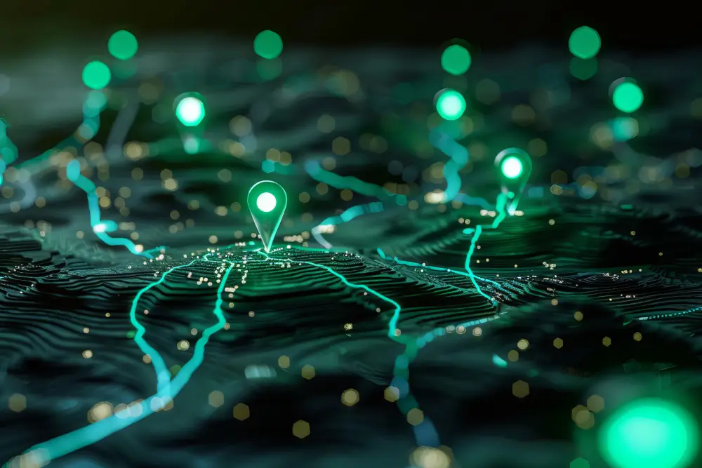 Glowing green location pins standing on a dark digital terrain map criss-crossed with routes
