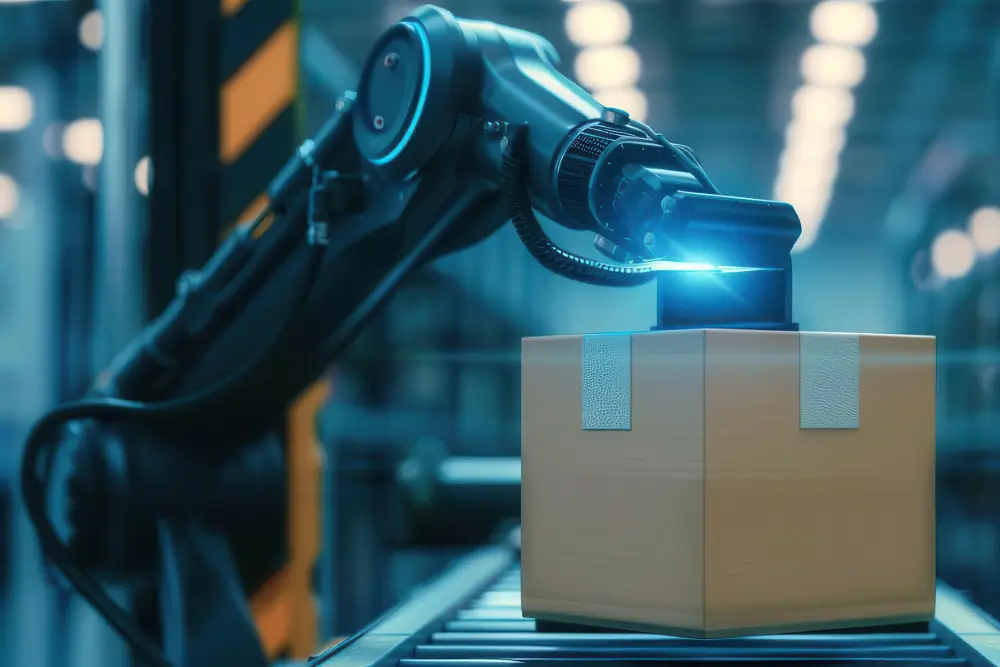 A robotic arm scanning a cardboard box on a conveyor in a warehouse