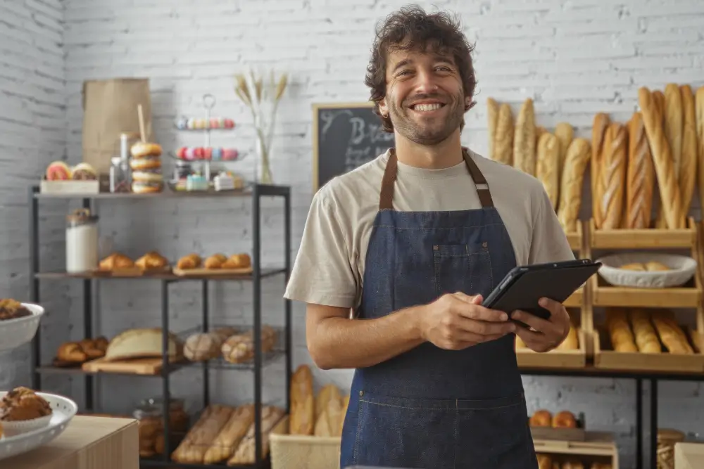 A smiling baker in a denim apron holding a tablet, in front of shelves of baguettes, loaves and pastries