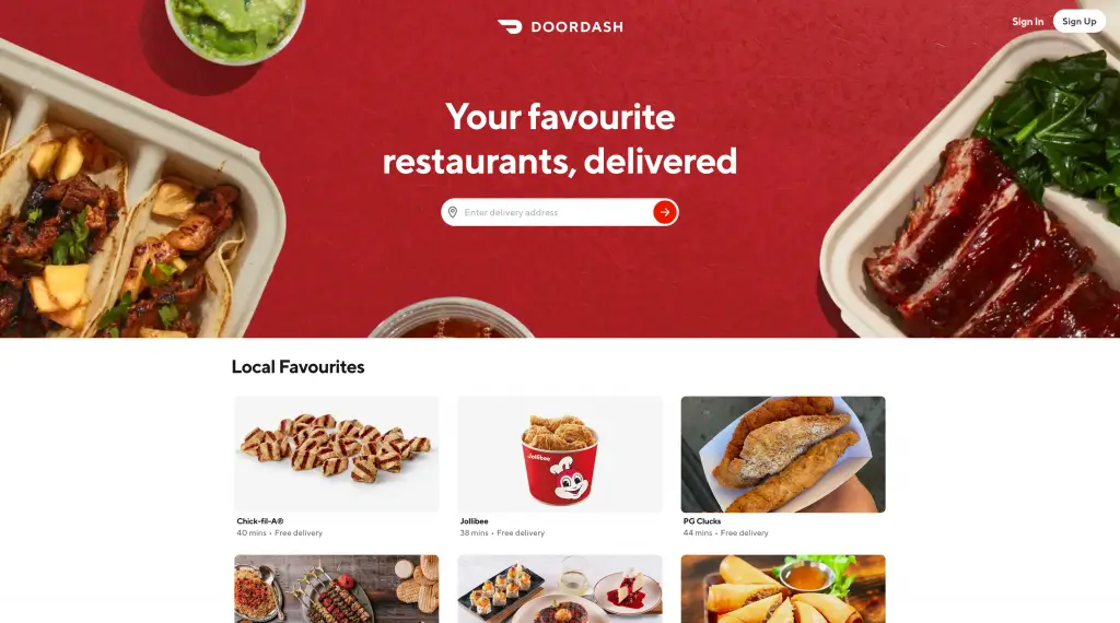 The DoorDash home page, headed Your favourite restaurants, delivered, above a row of local restaurant cards