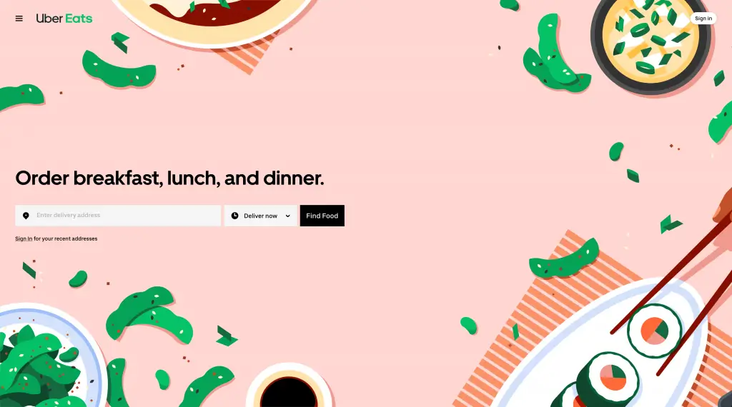 The Uber Eats home page, headed Order breakfast, lunch, and dinner, with a delivery address field