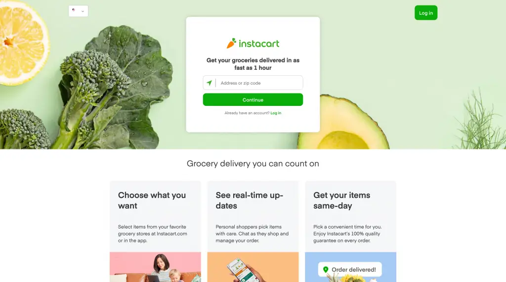 The Instacart home page offering grocery delivery in as fast as an hour, above three steps explaining the service