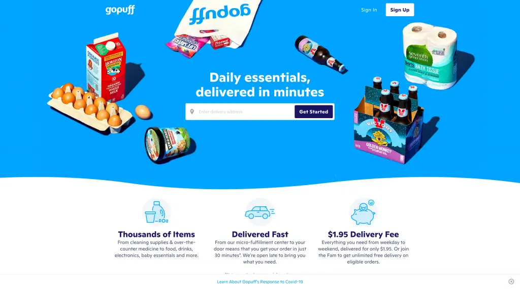 The Gopuff home page, headed Daily essentials, delivered in minutes, above panels on range, speed and the delivery fee
