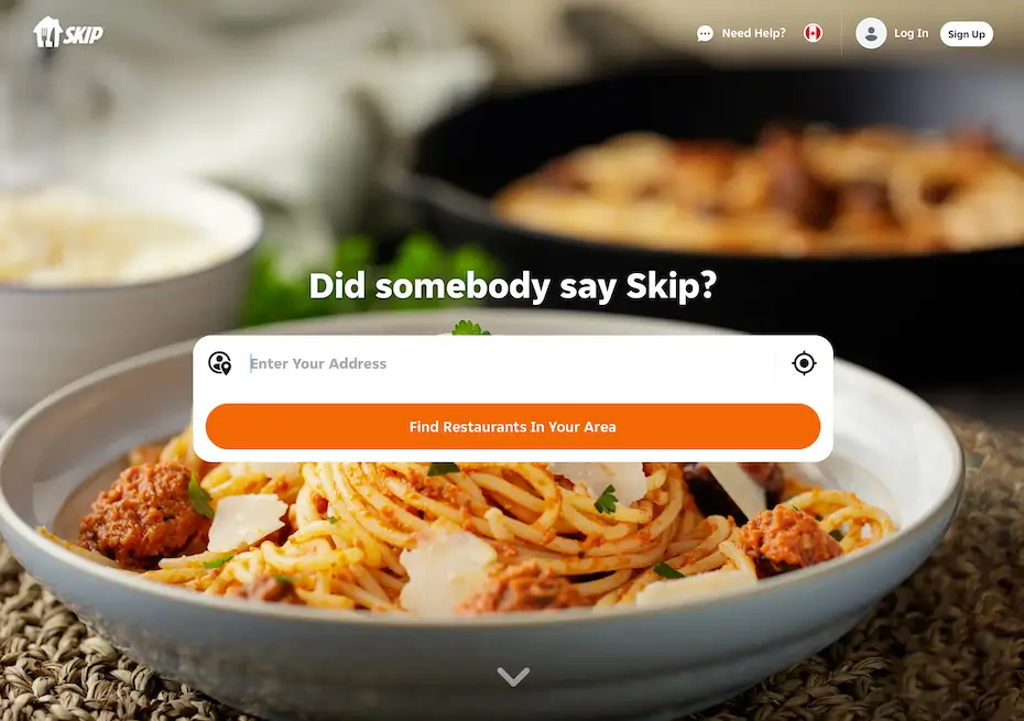 The SkipTheDishes home page, headed Did somebody say Skip?, over a bowl of pasta