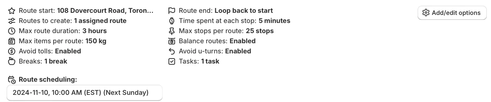 The EasyRoutes Route Options summary: Max route duration 3 hours, Balance routes, Avoid tolls and Avoid u-turns Enabled, 1 break and 1 task