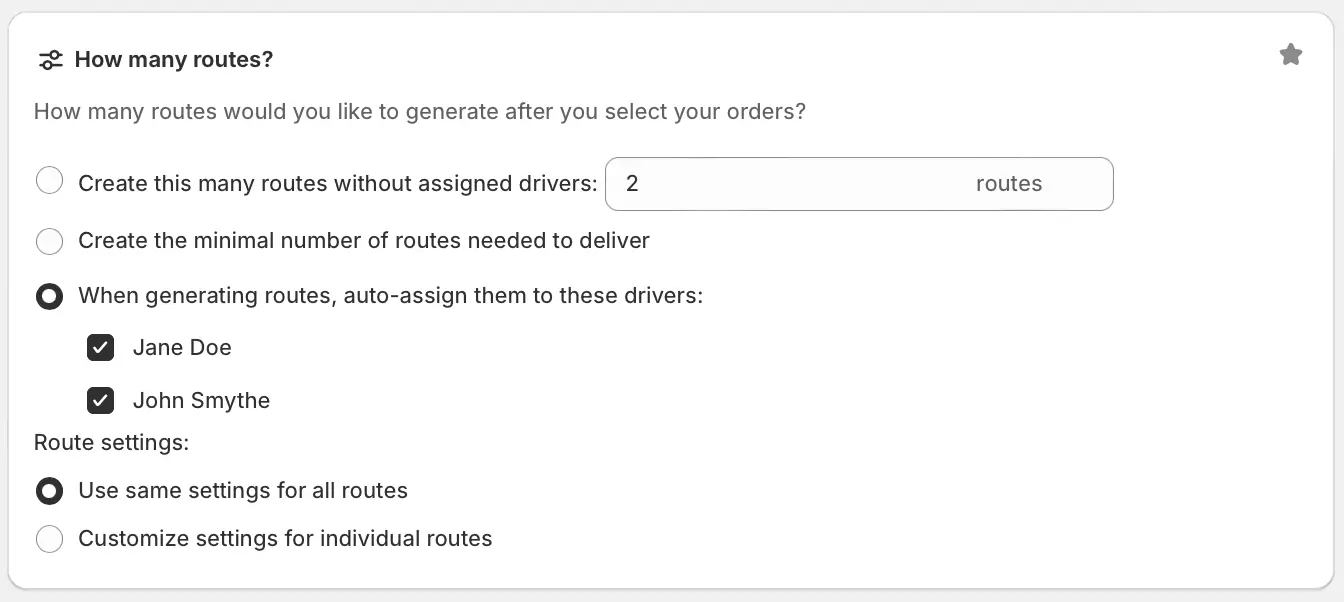 The EasyRoutes “How many routes?” panel set to auto-assign routes to two checked drivers, with Use same settings for all routes selected