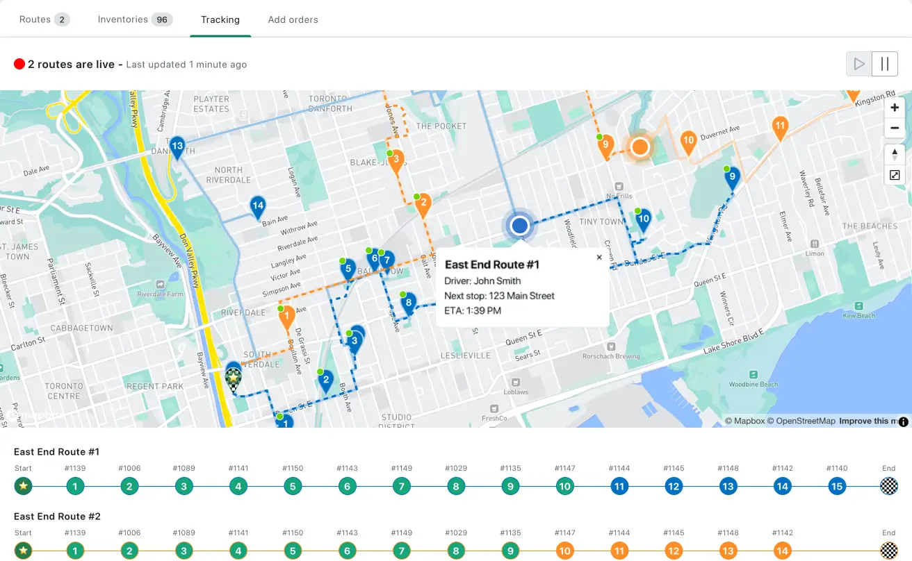 An EasyRoutes route group Tracking tab showing “2 routes are live” on a Toronto map, a driver's next stop and ETA, and both routes' stop timelines