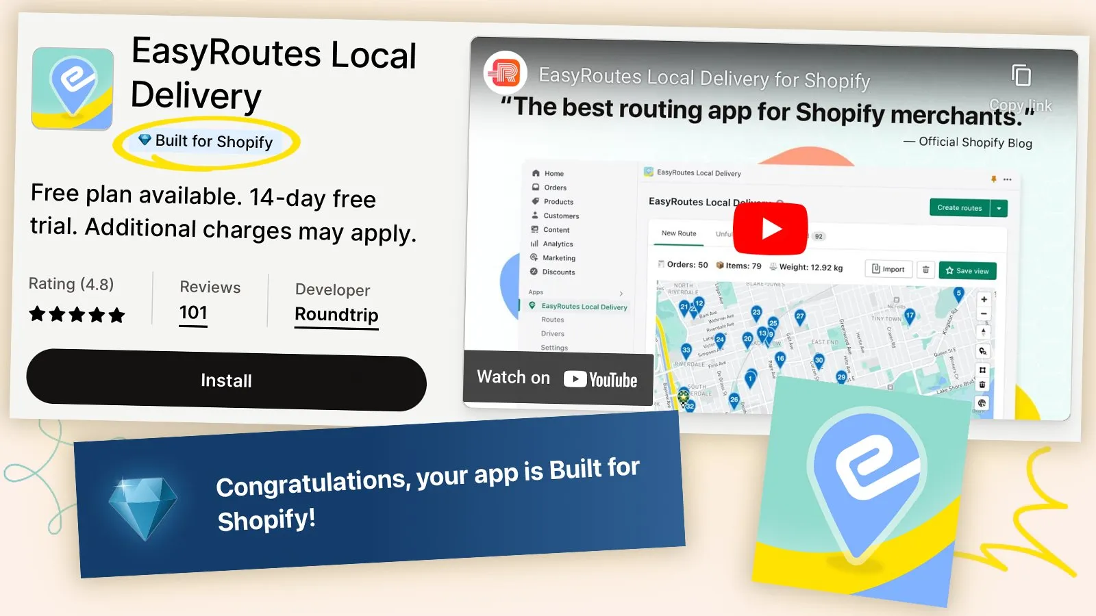 The EasyRoutes Local Delivery App Store listing with its Built for Shopify badge circled, beside a banner reading “Congratulations, your app is Built for Shopify!”