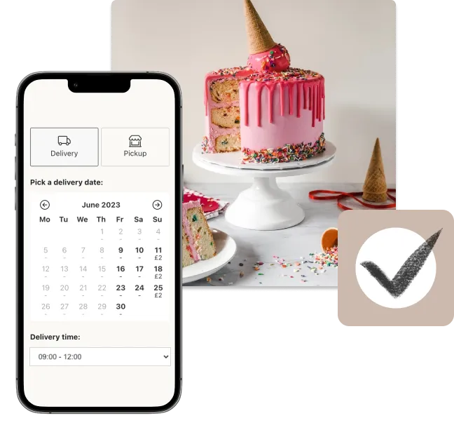 The Buunto delivery date picker on a phone, with Delivery and Pickup options, a June 2023 calendar and a delivery time dropdown, beside a pink layer cake