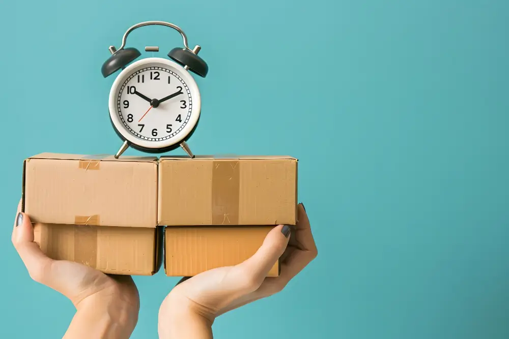 Two hands holding a stack of cardboard boxes with an alarm clock sitting on top, against a teal background
