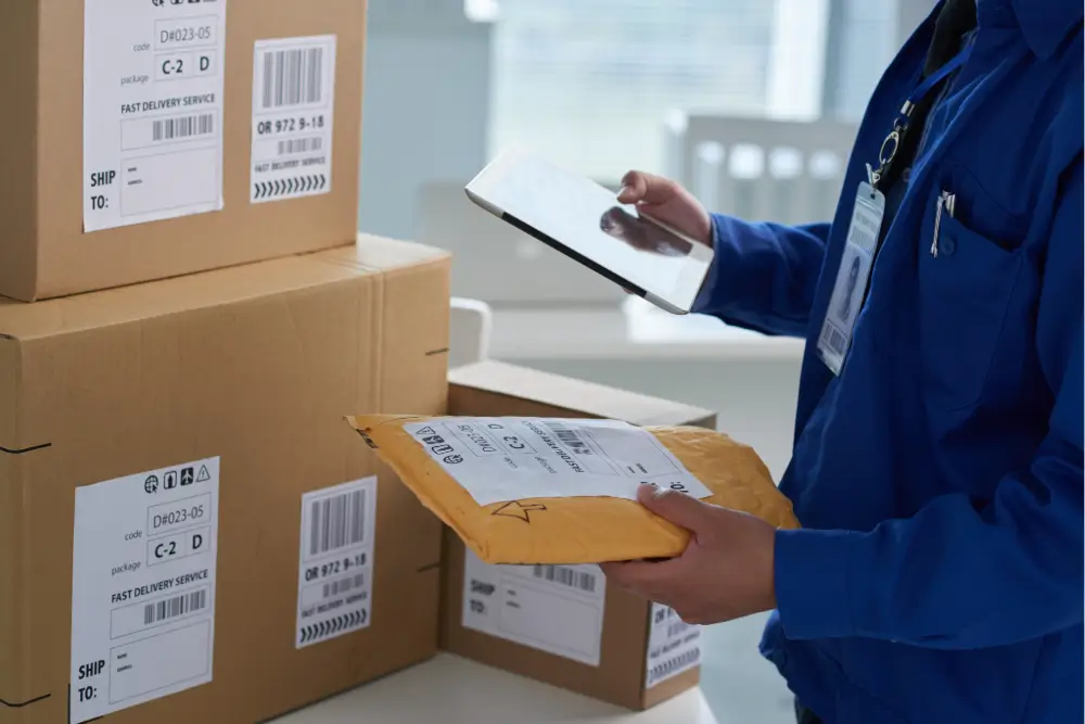 A worker in a blue uniform holding a tablet and checking the address label on a padded envelope beside labelled cardboard boxes