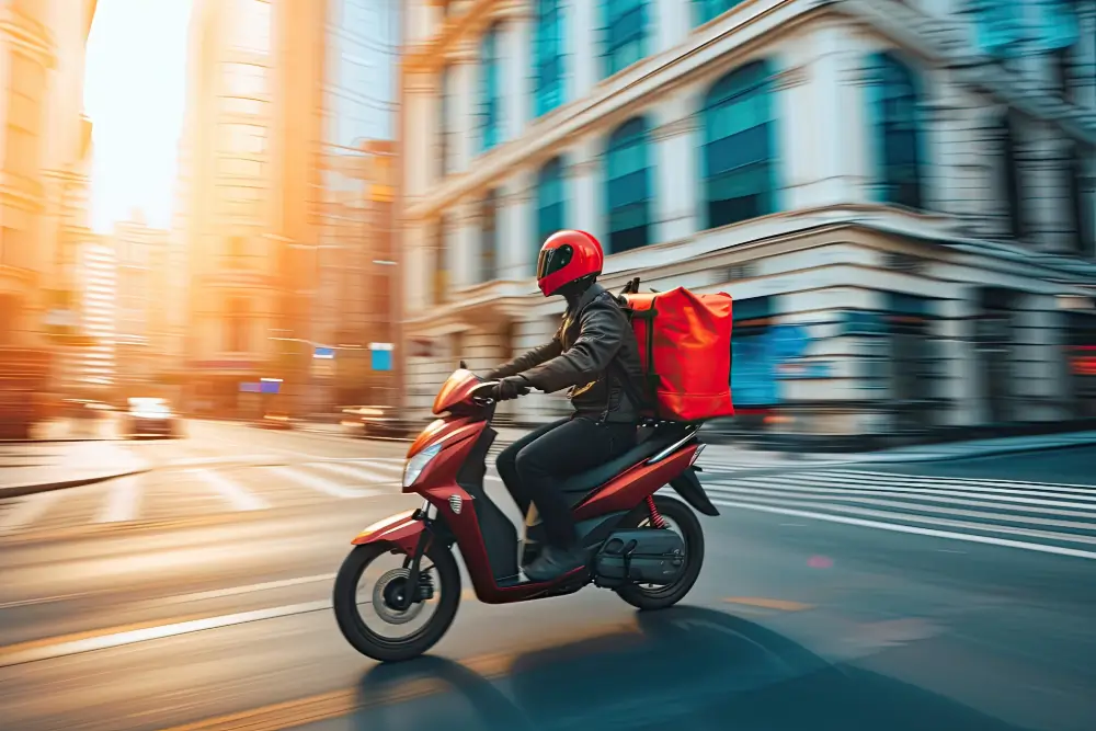 A courier in a red helmet with a red insulated delivery bag riding a red scooter through a sunlit city street