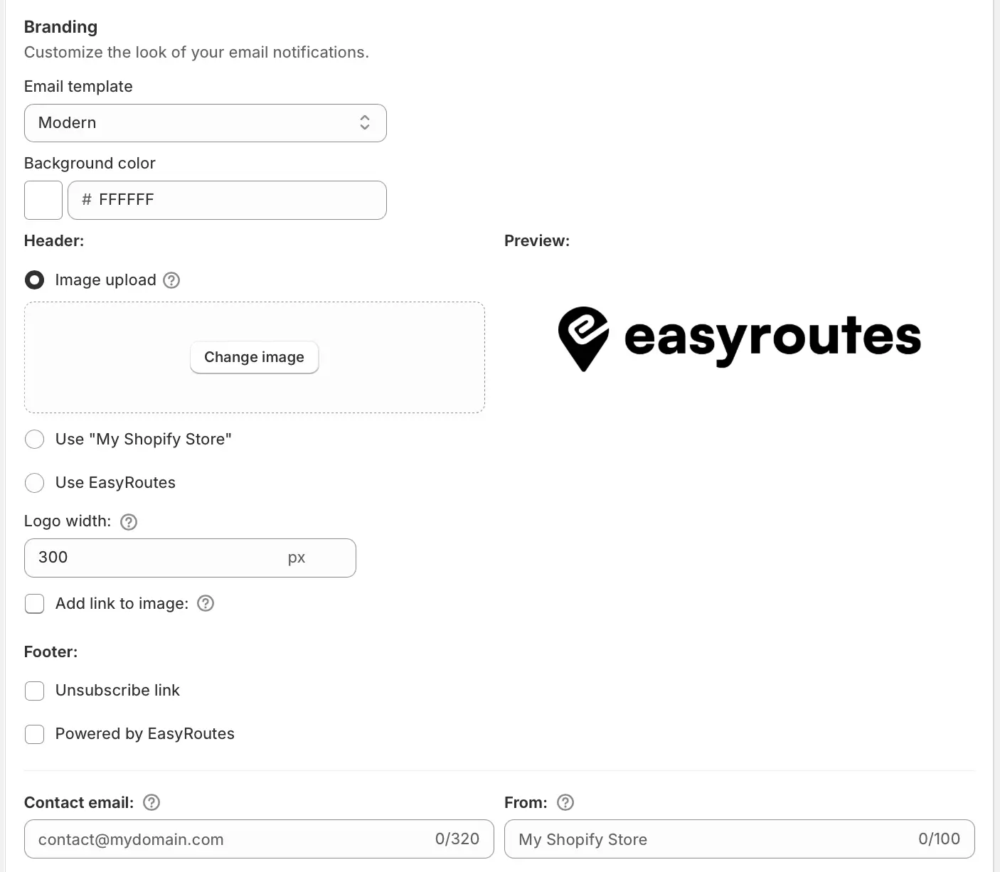 The email Branding section with the Modern template, an uploaded logo in the Preview, Logo width 300 px, and Contact email and From fields