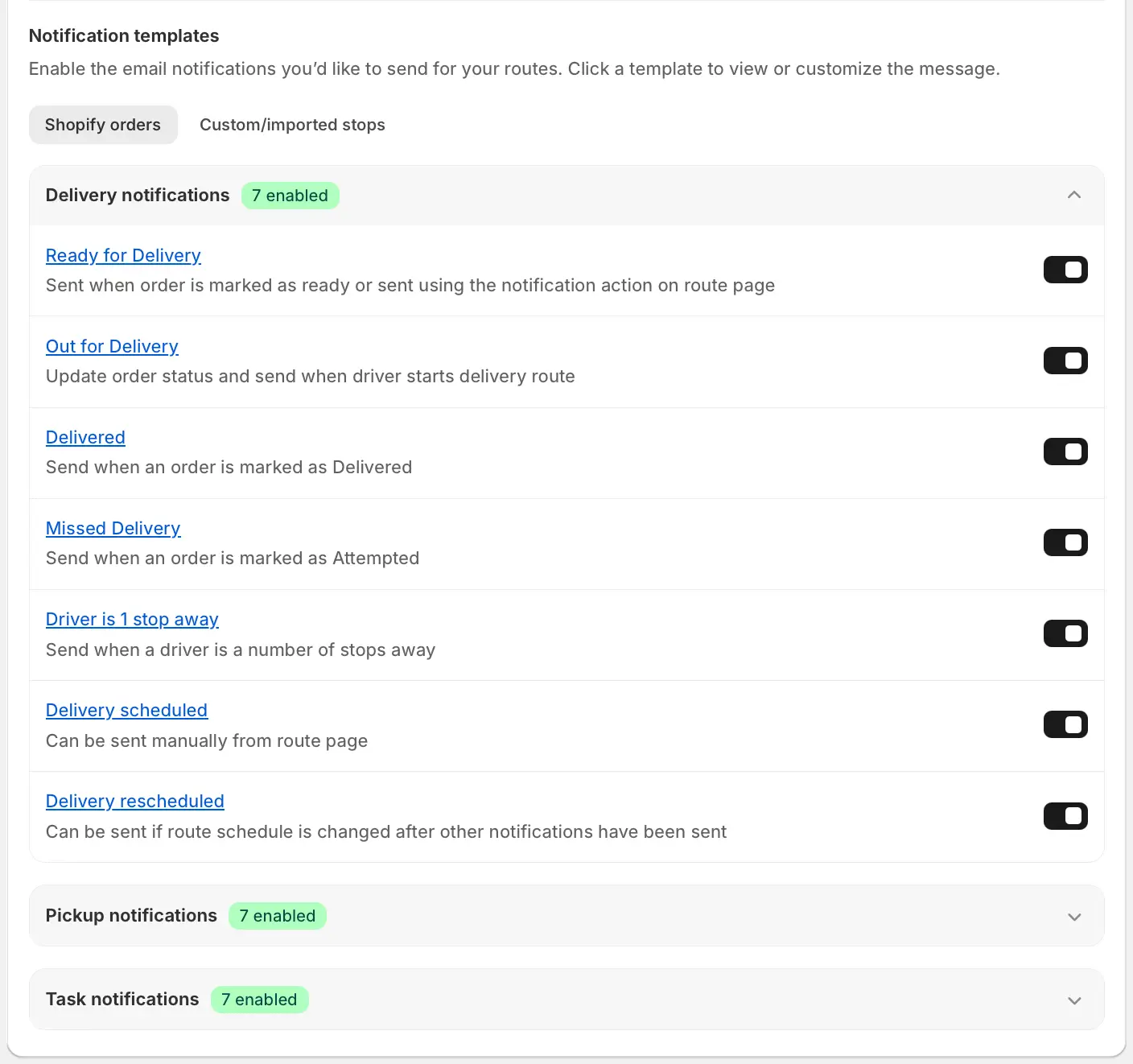Notification templates on the Shopify orders tab, with seven Delivery notifications toggled on and collapsed Pickup and Task notifications panels