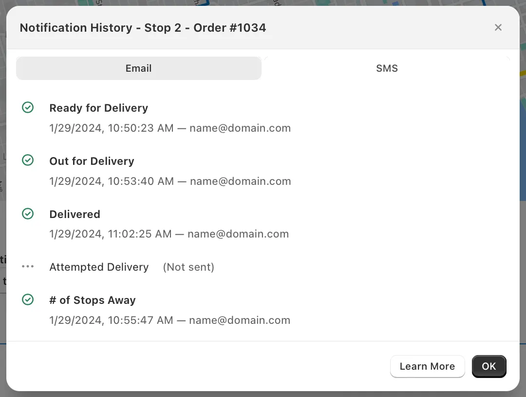The Notification History modal for an order on the Email tab, listing sent notifications with timestamps and Attempted Delivery marked Not sent