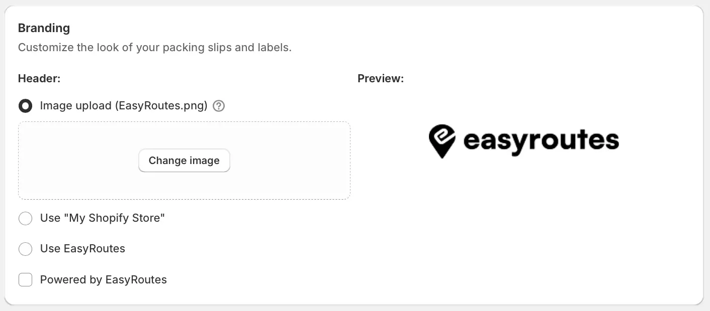 The packing slip Branding section with Image upload selected for the header and the EasyRoutes logo shown in the Preview