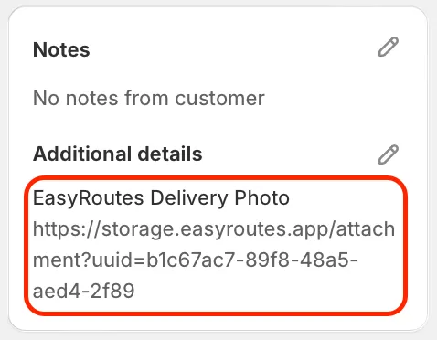 A Shopify order's Additional details panel with the EasyRoutes Delivery Photo storage link circled