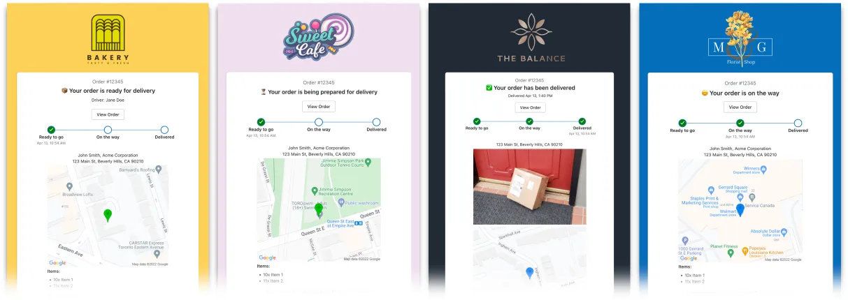 Four EasyRoutes tracking pages in different store colours and logos, showing an order being prepared, ready for delivery, on the way, and delivered with a doorstep photo
