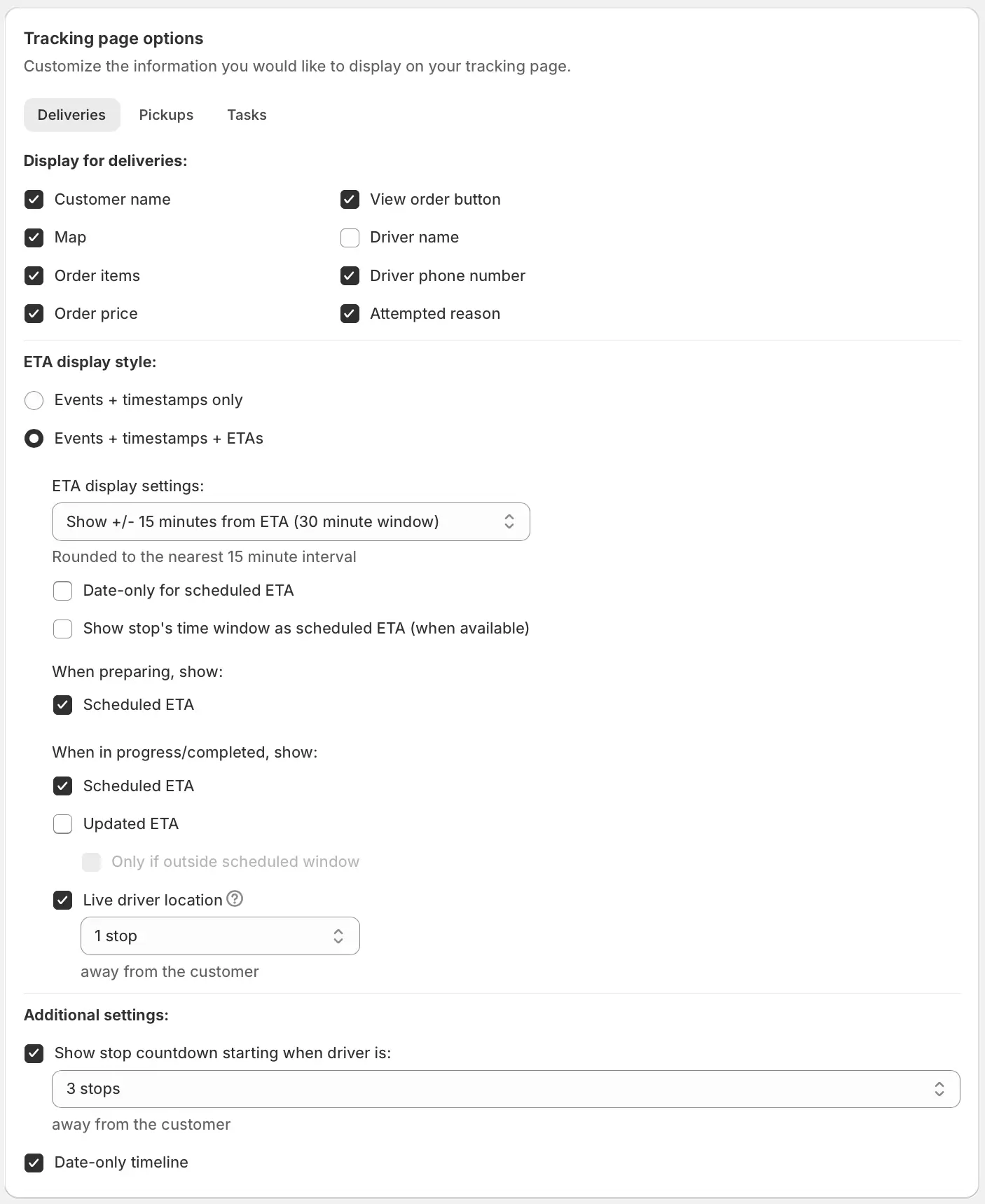 Tracking page options on the Deliveries tab, with display checkboxes, ETA display settings set to a 30 minute window and Live driver location at 1 stop