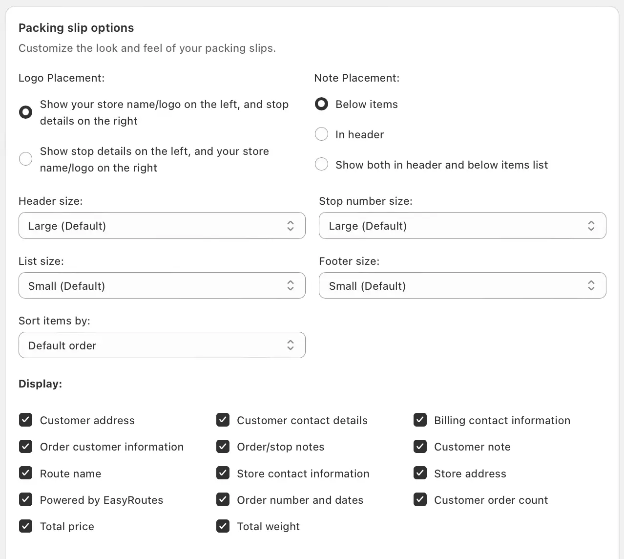 The Packing slip options section with Logo Placement and Note Placement choices, size dropdowns and Display checkboxes all ticked