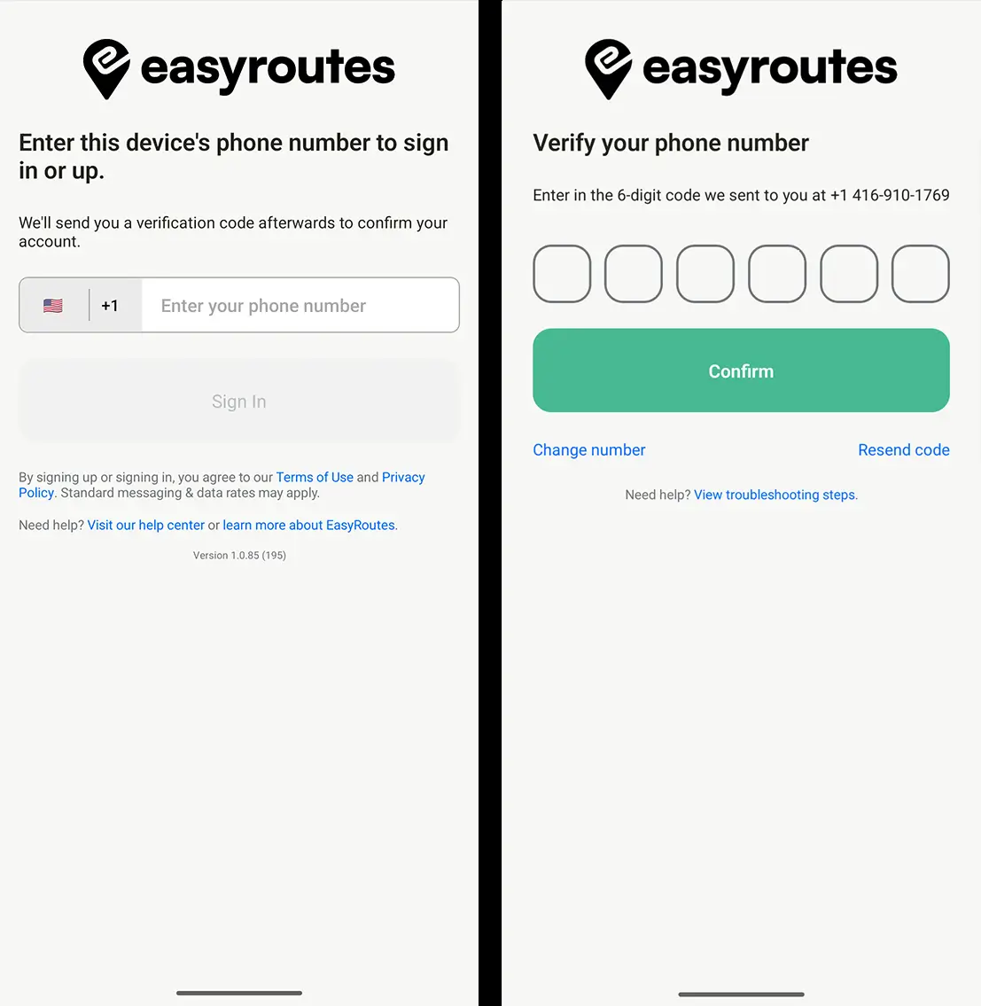 The EasyRoutes driver app sign-in screen with a phone number field beside the Verify your phone number screen asking for a 6-digit code