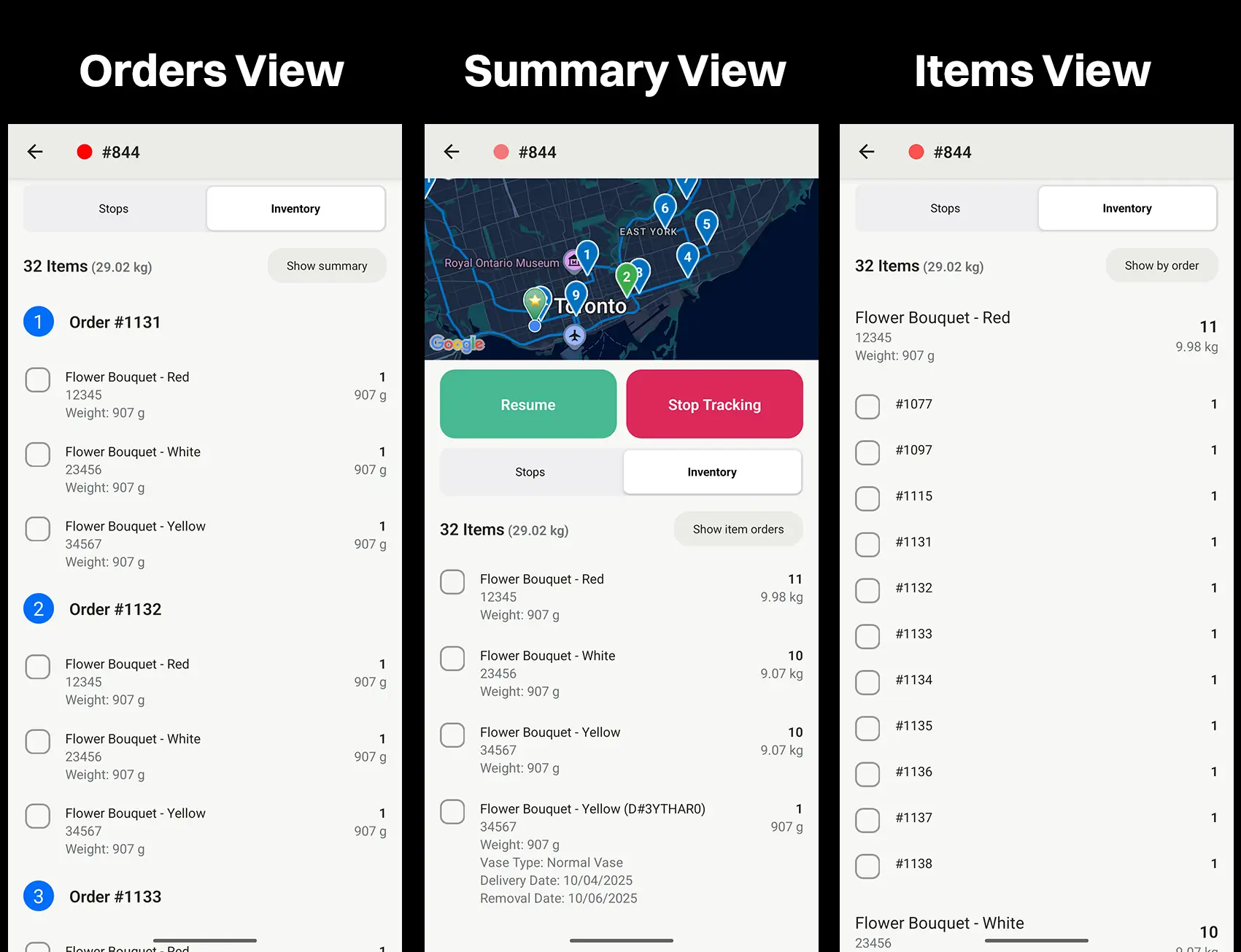 Three EasyRoutes driver app inventory screens side by side, labelled Orders View, Summary View and Items View, listing flower bouquets and quantities