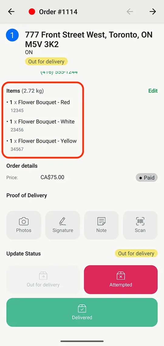 An EasyRoutes driver app stop screen with the Items section circled, listing three flower bouquets above Proof of Delivery and Update Status