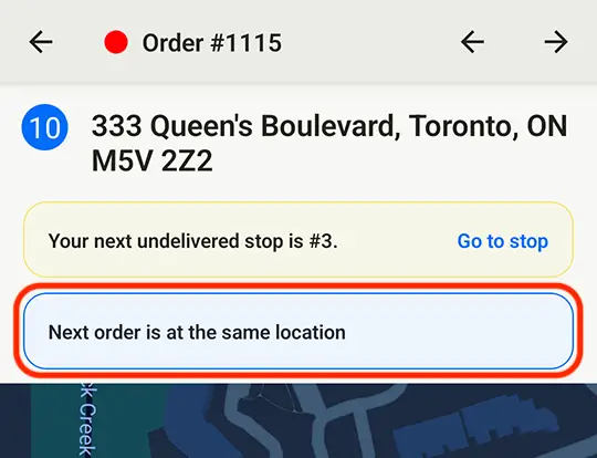 An EasyRoutes driver app stop screen with the banner Next order is at the same location circled above the map