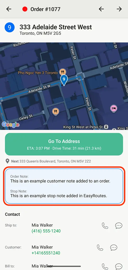 An EasyRoutes driver app stop screen with an Order Note and a Stop Note circled below the map and the Go To Address button