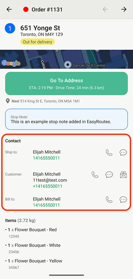 An EasyRoutes driver app stop screen with the Contact section circled, showing Ship to, Customer and Bill to with call, text and email icons