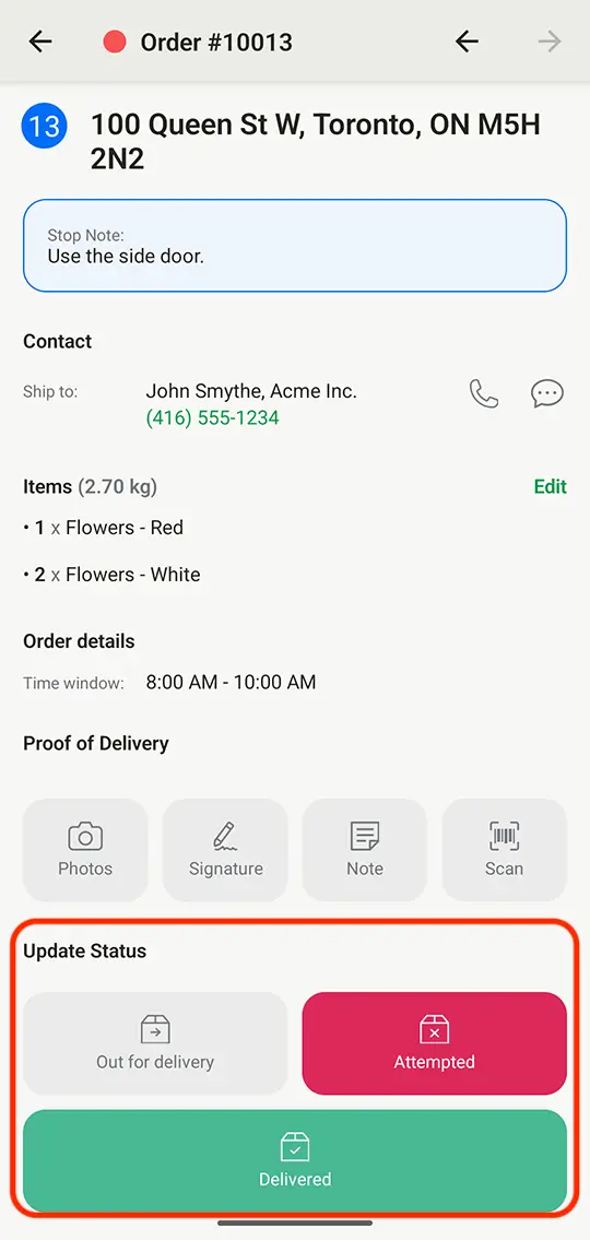 An EasyRoutes driver app stop screen with the Update Status section circled, showing the Out for delivery, Attempted and Delivered buttons