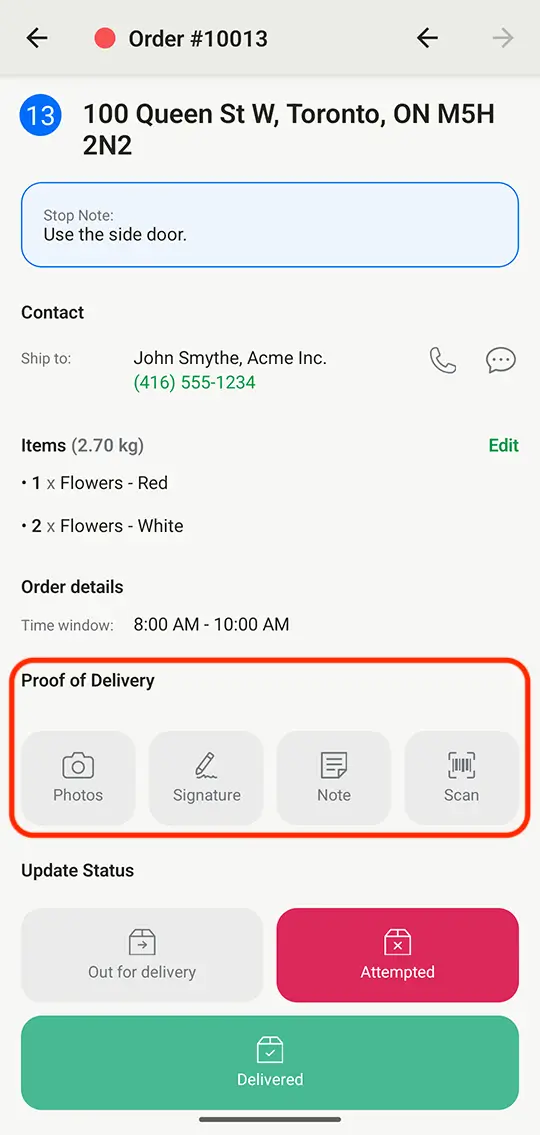 An EasyRoutes driver app stop screen with the Proof of Delivery section circled, showing the Photos, Signature, Note and Scan buttons