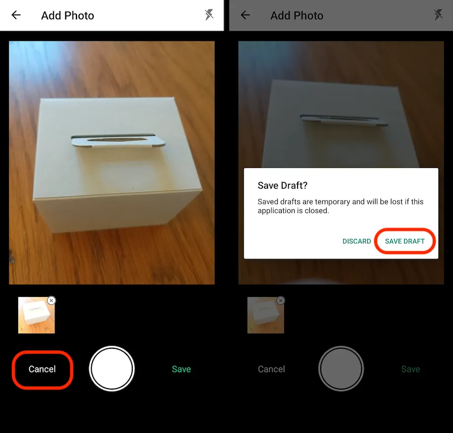 The EasyRoutes driver app Add Photo camera with Cancel circled, then a Save Draft? prompt with the SAVE DRAFT button circled