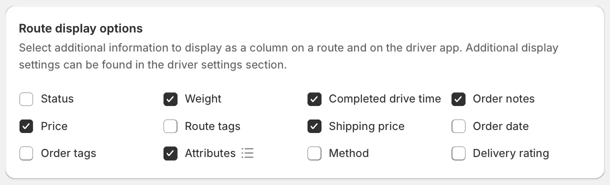 The Route display options section with checkboxes for columns such as Weight, Price, Shipping price, Attributes and Order notes ticked