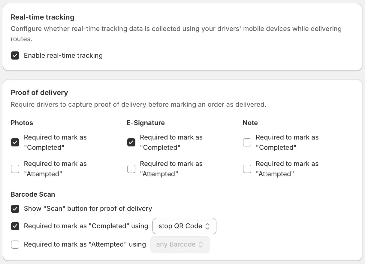 The Real-time tracking and Proof of delivery settings, with photos, e-signature and a stop QR Code scan required to mark stops Completed