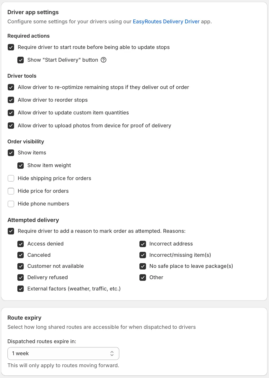 The Driver app settings panel with Required actions, Driver tools, Order visibility and Attempted delivery reasons, and Route expiry set to 1 week