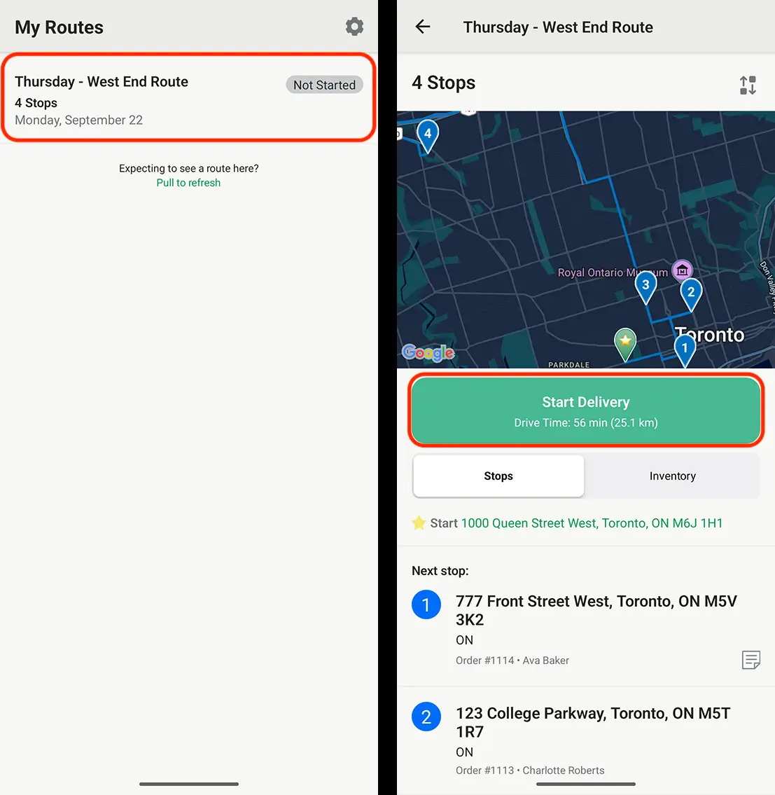 The EasyRoutes driver app with a Not Started route circled in My Routes, and the route's map screen with the Start Delivery button circled