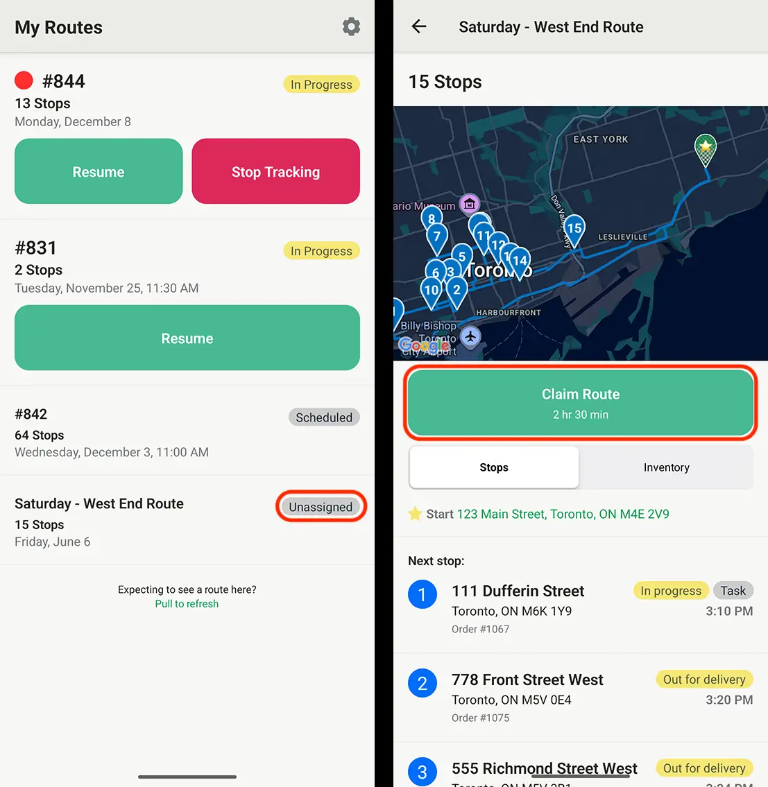The EasyRoutes driver app My Routes list with an Unassigned badge circled, and that route's screen with the Claim Route button circled