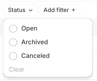 The Status filter menu offering Open, Archived and Canceled