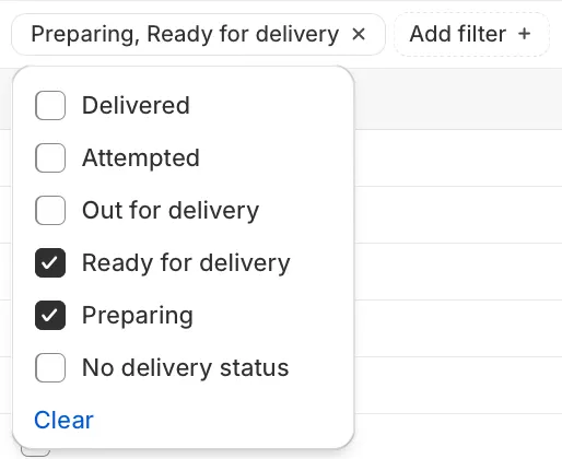 The Delivery status filter list with Ready for delivery and Preparing both ticked, among Delivered, Attempted, Out for delivery and No delivery status