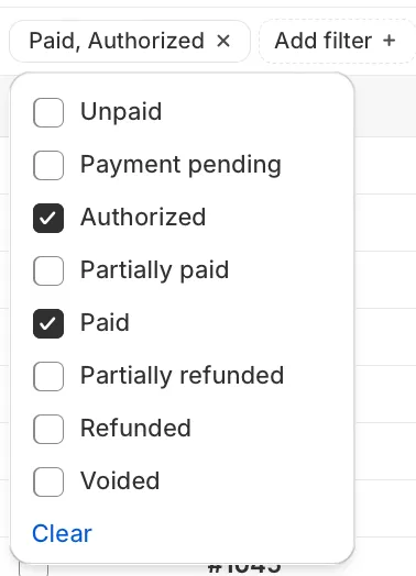 The Payment filter list with Authorized and Paid ticked, among Unpaid, Payment pending, Partially paid, Partially refunded, Refunded and Voided
