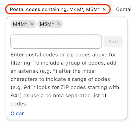 A Postal codes containing: M4M*, M5M* filter circled in red, its dropdown showing the two codes and a box for adding more