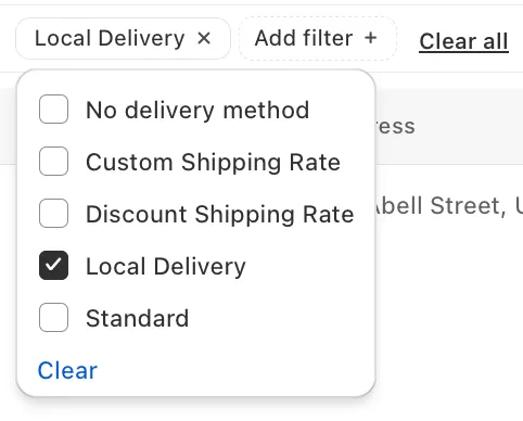 The Delivery method filter list with Local Delivery ticked and No delivery method, Custom Shipping Rate, Discount Shipping Rate and Standard unticked