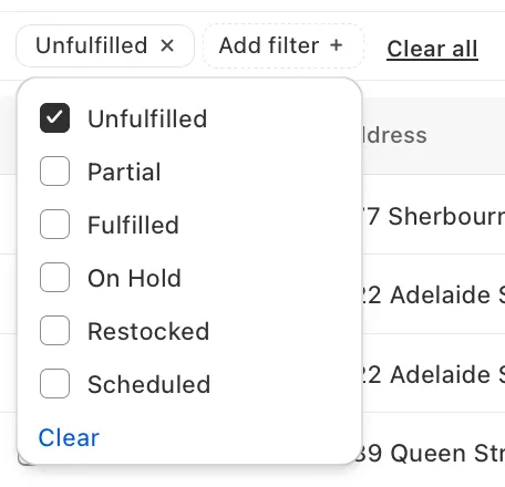 The Fulfillment filter list with Unfulfilled ticked, above Partial, Fulfilled, On Hold, Restocked and Scheduled