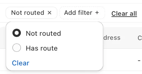 The Route filter set to Not routed, with Has route as the other option