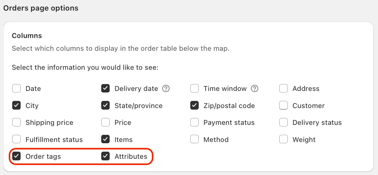 The Columns section of Orders page options in EasyRoutes settings, with the Order tags and Attributes checkboxes ticked and circled in red