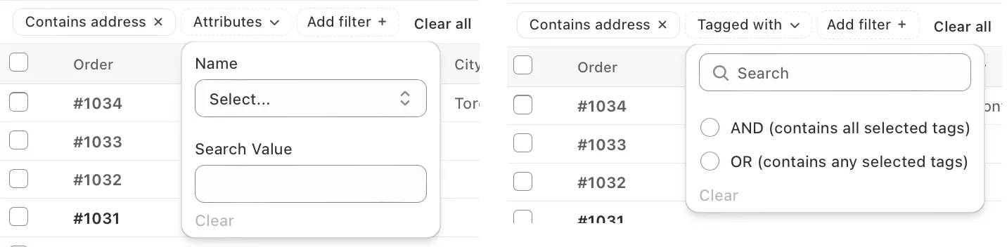 Two filter menus side by side: Attributes with Name and Search Value fields, and Tagged with offering AND or OR matching of selected tags