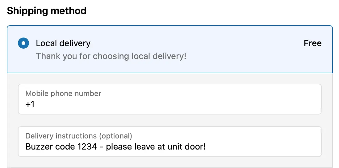 The Shopify checkout Shipping method section with Local delivery selected as Free, above Mobile phone number and Delivery instructions (optional) fields