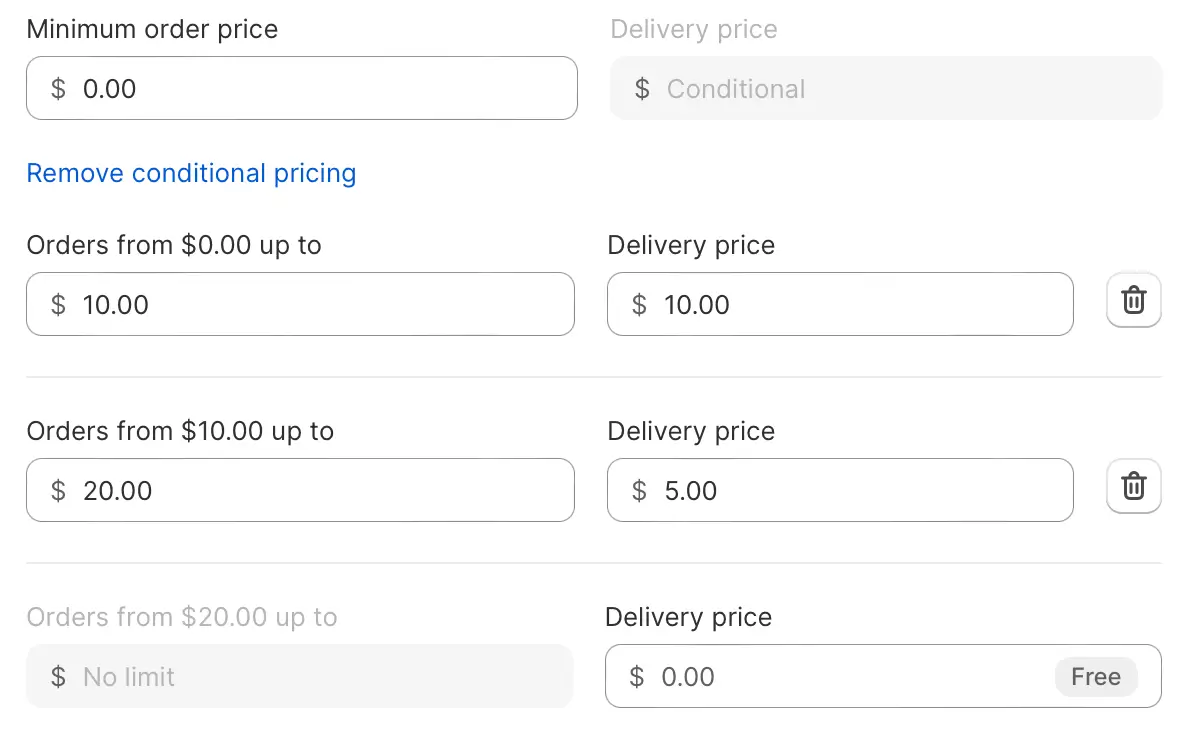 Conditional pricing rows charging $10.00 delivery on orders up to $10.00, $5.00 up to $20.00, and free above, with a trash can button on each row