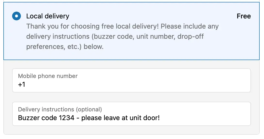 The checkout with Local delivery selected, its message asking for buzzer code or unit number, and a buzzer code typed into Delivery instructions (optional)